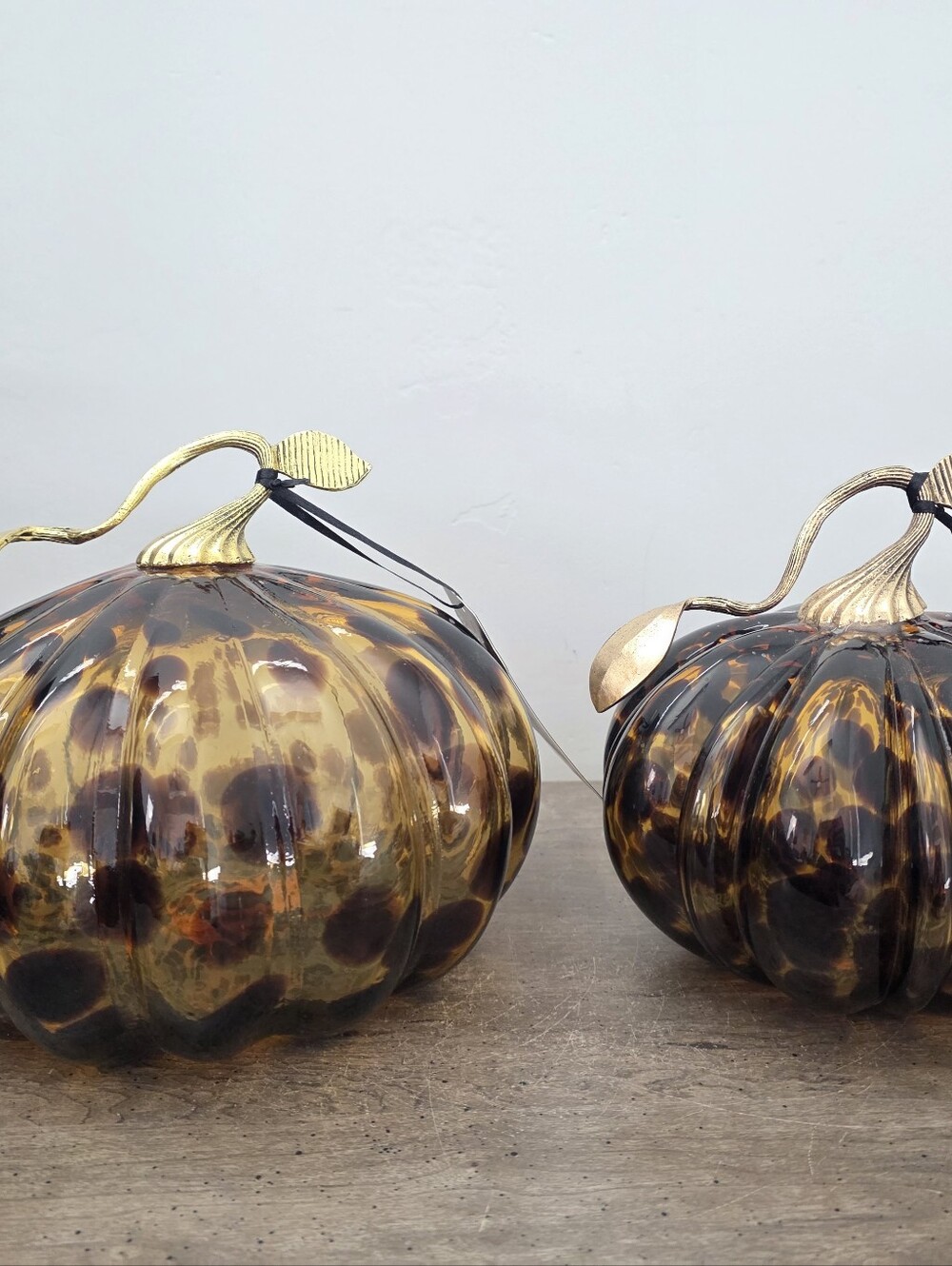 Set of 2 Christian Siriano Glass Pumpkins Leopard Tortoise Print Gold Stem Fall